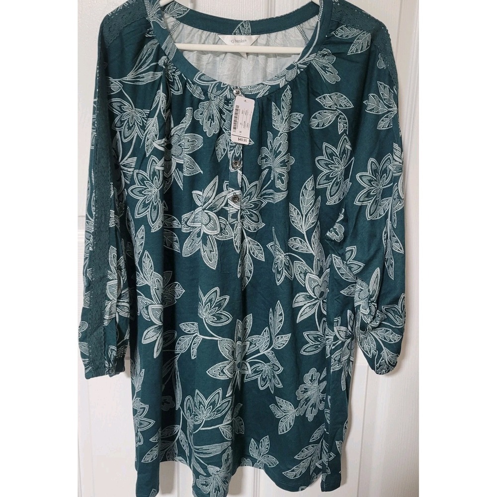 CJ Banks Shirt Ladies 3x Green Floral 3/4 Sleeve 40% Modal Nice!! Lined New